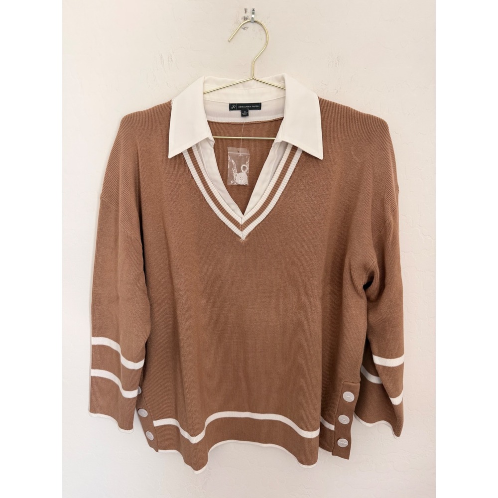 Adrianna Papell Womens 1X Layered Look Sweater Brown White Varsity Stripe Preppy